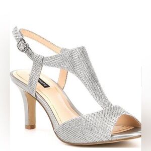 Alex Marie Women’s Silver Sparkle Ankle Strap Open Toe Heels Size 9.5M